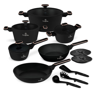 BerlingerHaus Cookware Set Black Rose Gold 11-Piece - Cooking Pot ø 20, 24, 28 cm, Frying Pan ø 24, 28 cm & Saucepan ø 16 cm - Suitable for All Heat Sources
