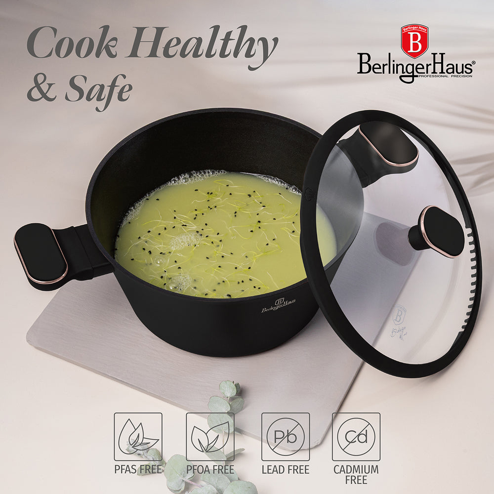 BerlingerHaus Cookware Set Black Rose Gold 11-Piece - Cooking Pot ø 20, 24, 28 cm, Frying Pan ø 24, 28 cm & Saucepan ø 16 cm - Suitable for All Heat Sources