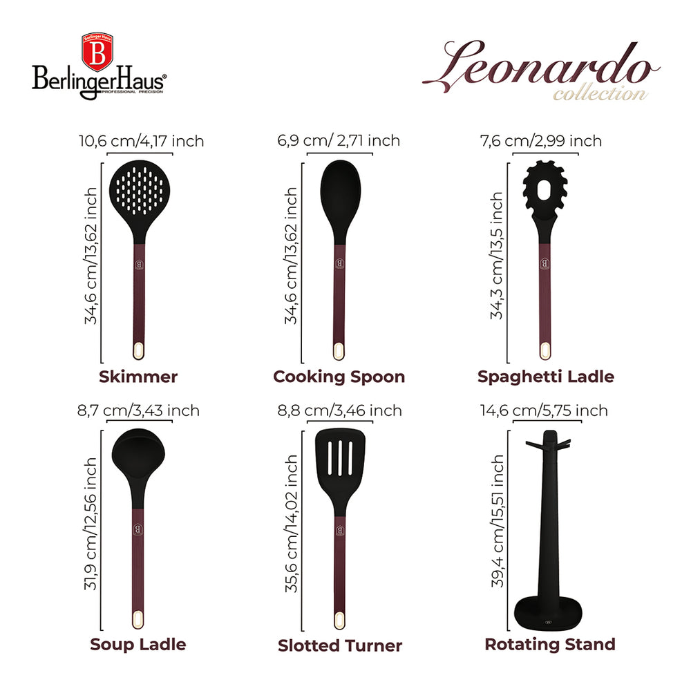 BerlingerHaus Kitchen Utensil Set with Rotating Stand Matte Bordeaux - Silicone - 6-Piece