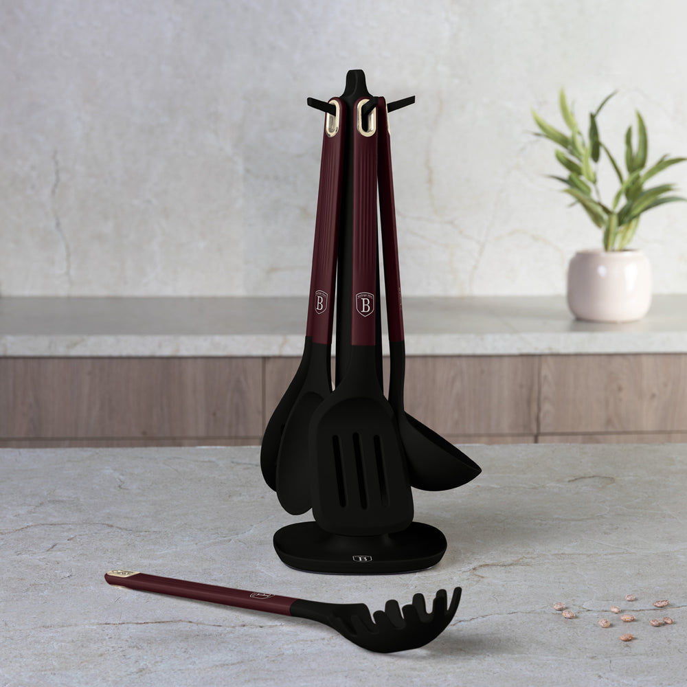 BerlingerHaus Kitchen Utensil Set with Rotating Stand Matte Bordeaux - Silicone - 6-Piece