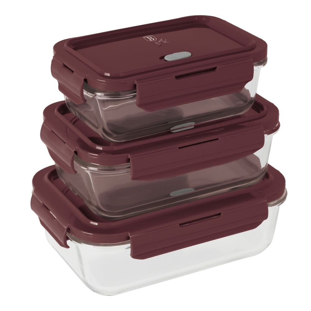 BerlingerHaus Glass Food Storage Containers Matte Bordeaux - 3-piece - 570 ml, 840 ml & 1.18 Liter
