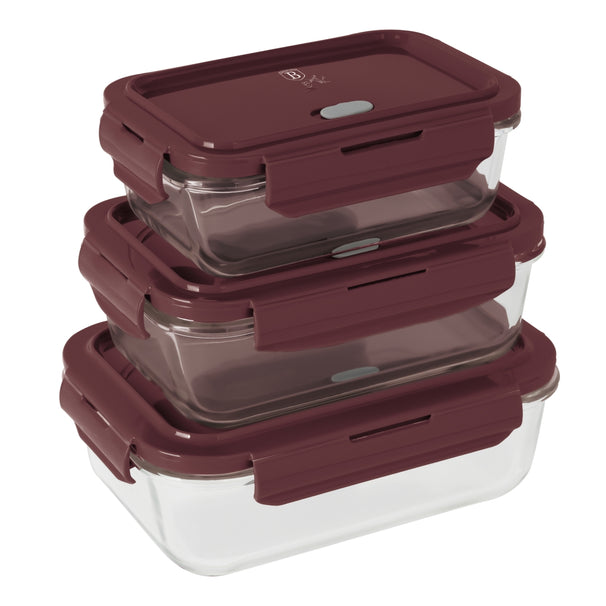 BerlingerHaus Glass Food Storage Containers Matte Bordeaux - 3-piece - 570 ml, 840 ml & 1.18 Liter