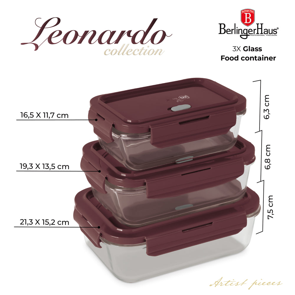 BerlingerHaus Glass Food Storage Containers Matte Bordeaux - 3-piece - 570 ml, 840 ml & 1.18 Liter