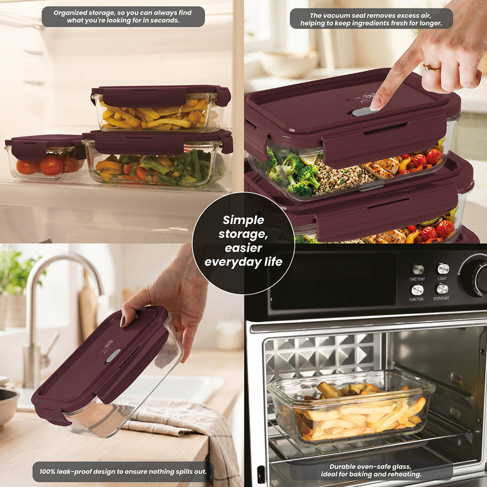 BerlingerHaus Glass Food Storage Containers Matte Bordeaux - 3-piece - 570 ml, 840 ml & 1.18 Liter