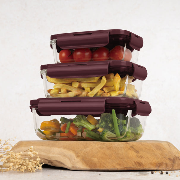 BerlingerHaus Glass Food Storage Containers Matte Bordeaux - 3-piece - 570 ml, 840 ml & 1.18 Liter