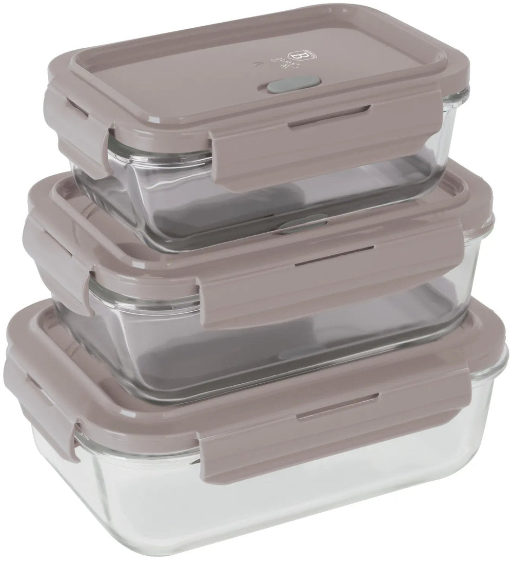 BerlingerHaus Glass Food Storage Containers Taupe - 3-piece - 570 ml, 840 ml & 1.18 Liter