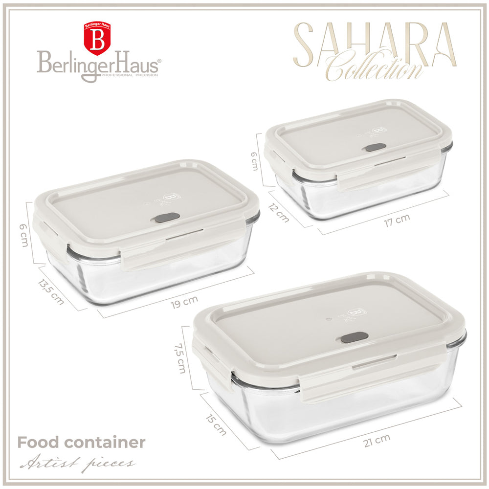 BerlingerHaus Glass Food Storage Containers Matte Cream - 3-piece - 570 ml, 840 ml & 1.18 Liter