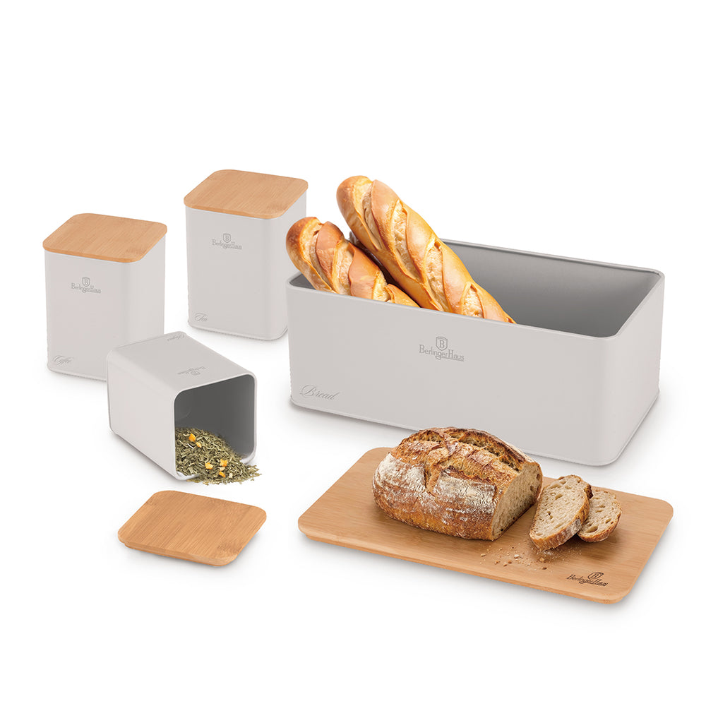 BerlingerHaus Bread Box / Bread Container with Storage Canisters Matte Cream - 4-piece