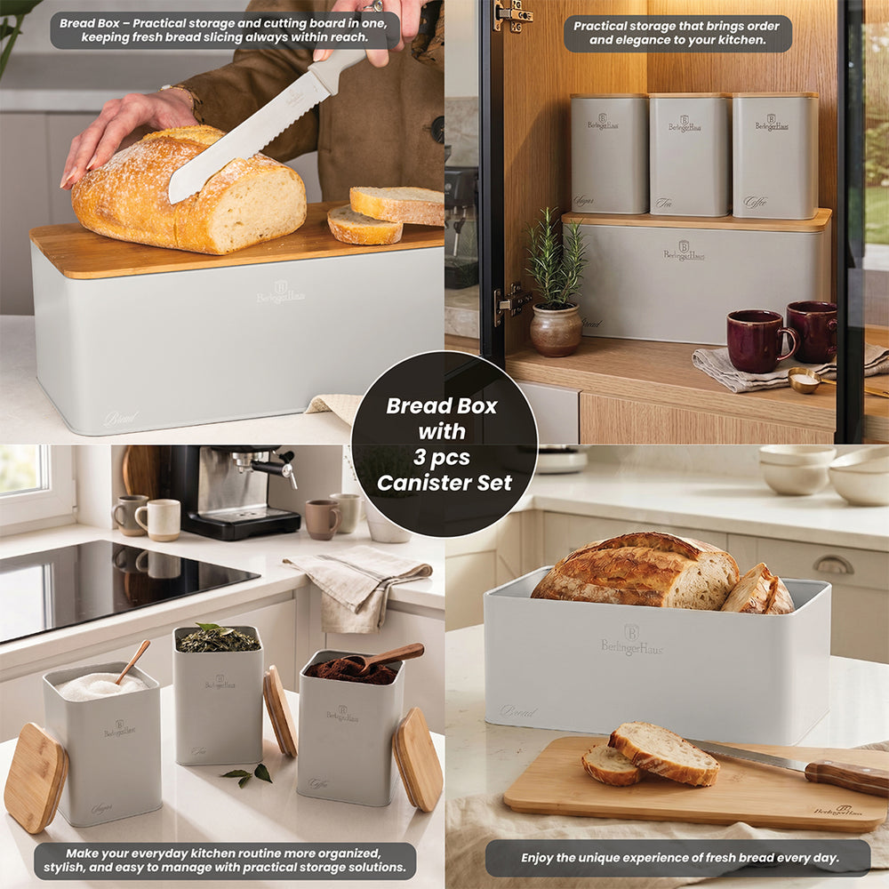 BerlingerHaus Bread Box / Bread Container with Storage Canisters Matte Cream - 4-piece