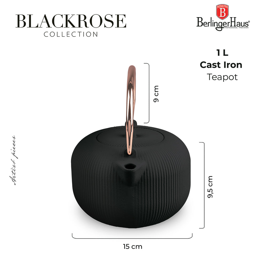 BerlingerHaus Teapot with Stainless Steel Filter - Cast Iron Black Rose Gold - 1 Liter