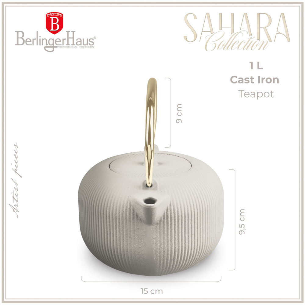BerlingerHaus Teapot with Stainless Steel Filter - Cast Iron Matte Cream - 1 Liter
