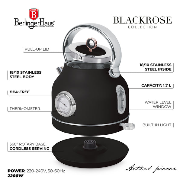 BerlingerHaus Electric Kettle Black Rose Gold - with Thermometer - 1.7 Liter - 2200W