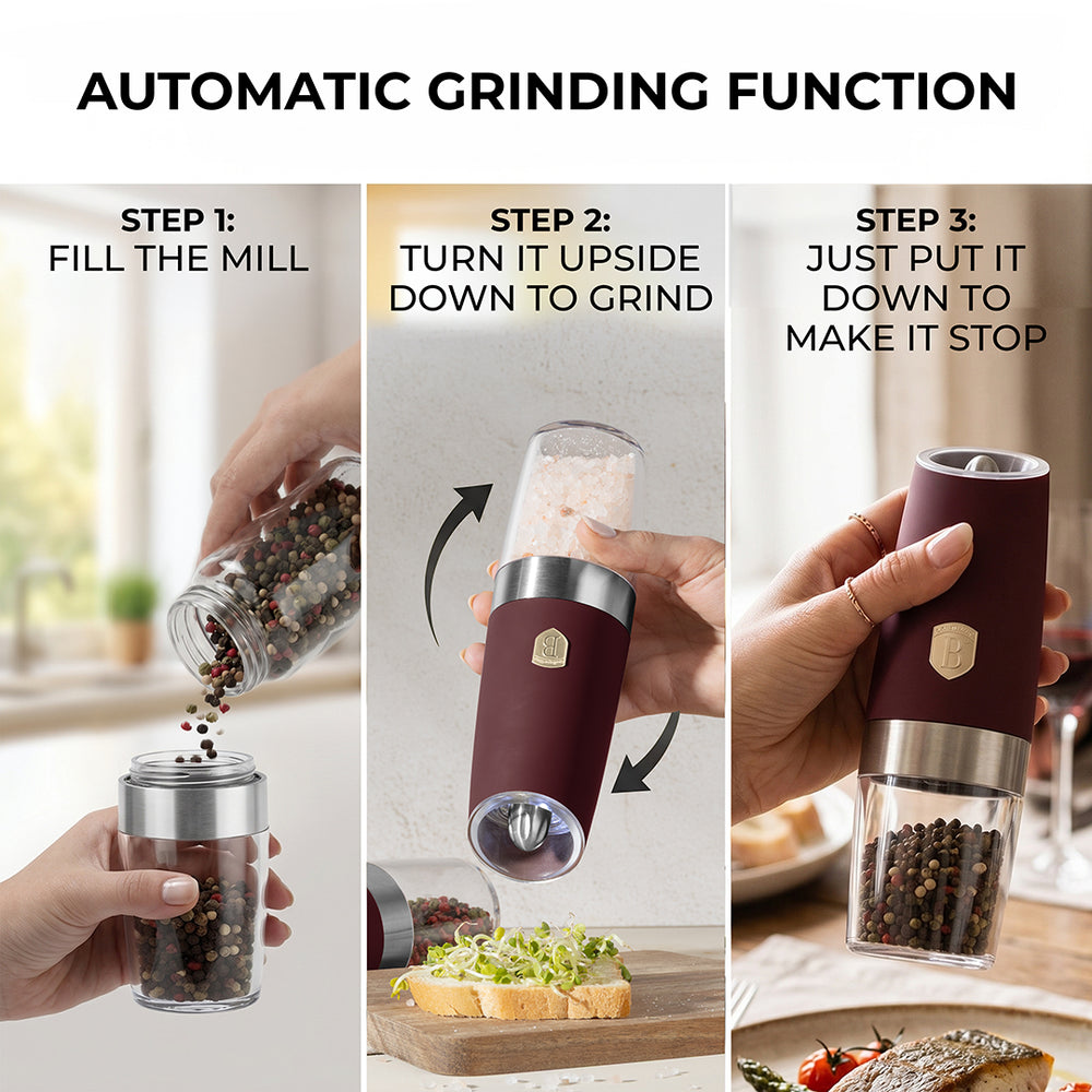 BerlingerHaus Electric Pepper and Salt Mill Set Gravity Matte Bordeaux - Ceramic Mill - 2-Piece