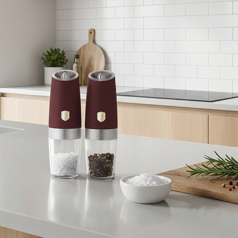 BerlingerHaus Electric Pepper and Salt Mill Set Gravity Matte Bordeaux - Ceramic Mill - 2-Piece