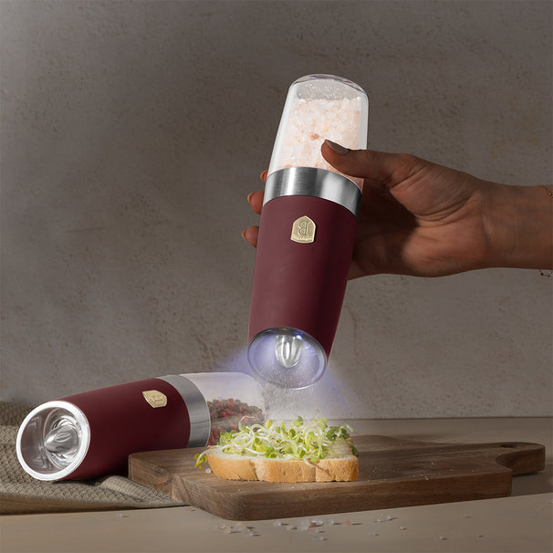BerlingerHaus Electric Pepper and Salt Mill Set Gravity Matte Bordeaux - Ceramic Mill - 2-Piece