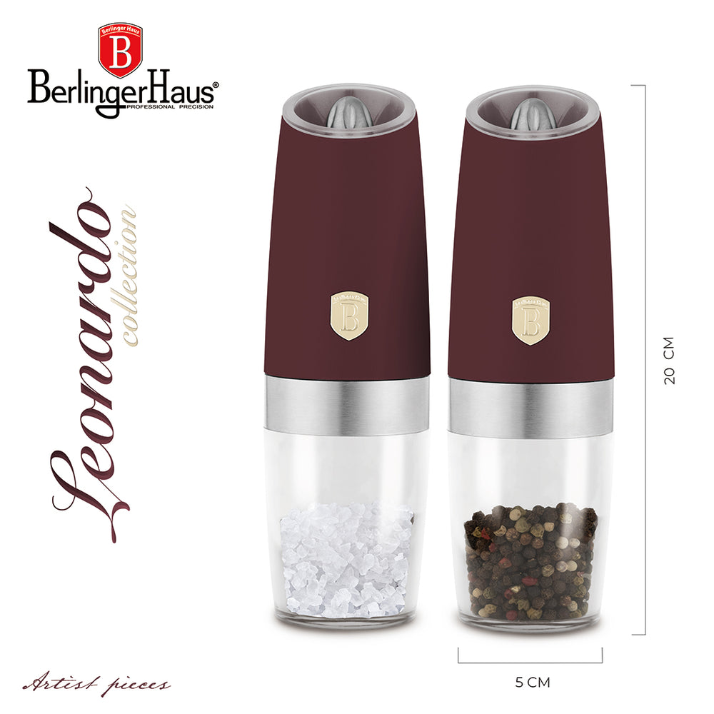 BerlingerHaus Electric Pepper and Salt Mill Set Gravity Matte Bordeaux - Ceramic Mill - 2-Piece