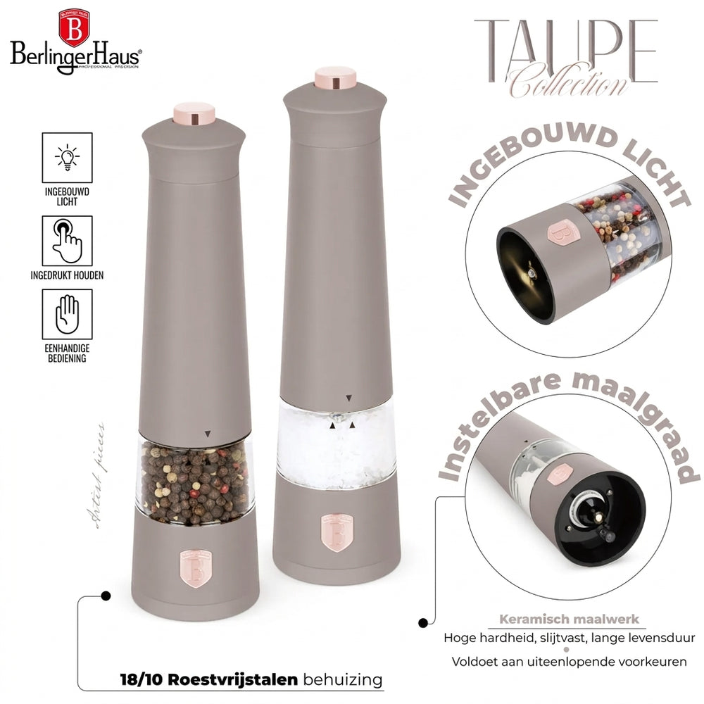 BerlingerHaus Electric Pepper and Salt Mill Set Taupe - Ceramic Mill - 2-Piece