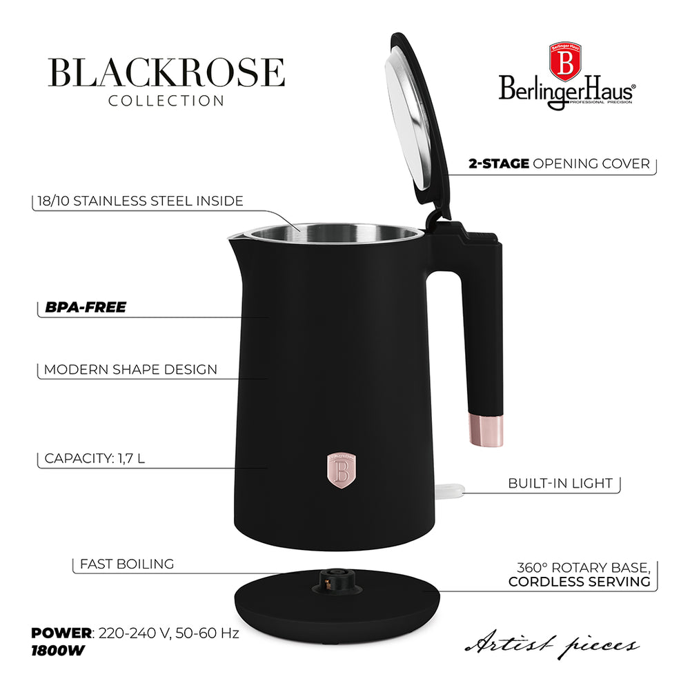 BerlingerHaus Electric Kettle Double-Walled Black Rose Gold - 1.7 Liter - 1800W