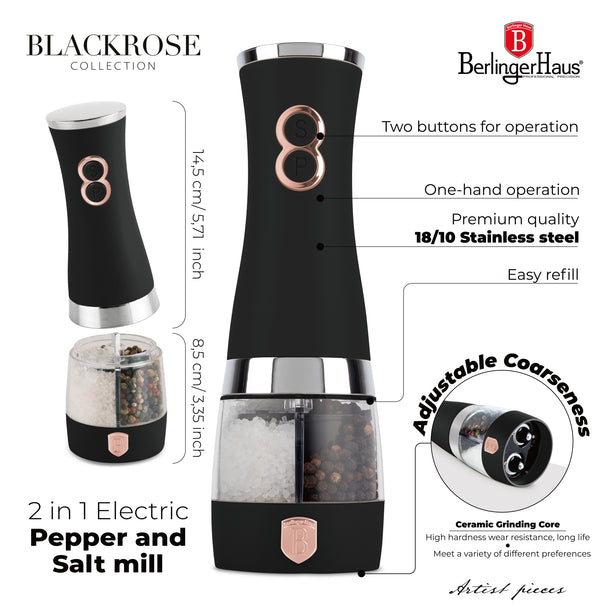 BerlingerHaus Electric Pepper and Salt Mill Black Rose Gold - 2-in-1 - Ceramic Mill