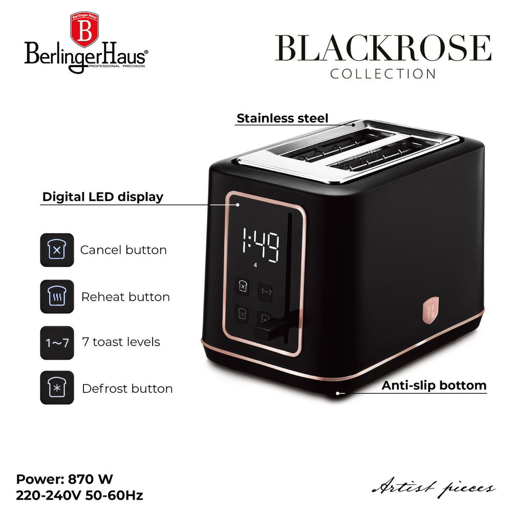 BerlingerHaus Digital Toaster Black Rose Gold - 2 Slots - 870W