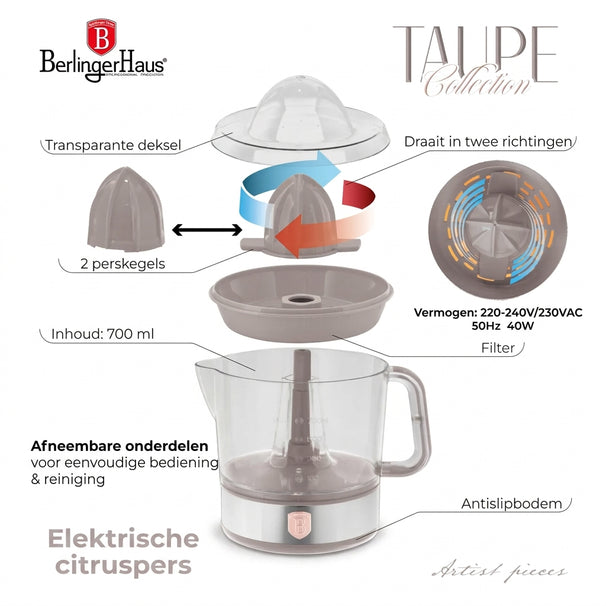 BerlingerHaus Electric Citrus Juicer / Orange Juicer Matte Taupe - 0.7 L - 40 W