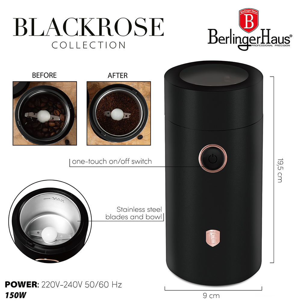 BerlingerHaus Electric Coffee Grinder / Coffee Bean Mill - Black Rose Gold - 150W
