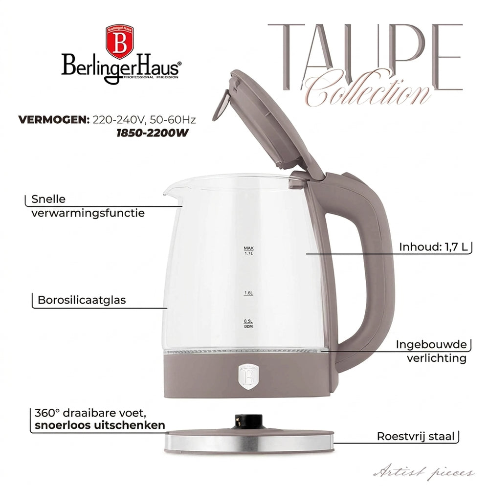 BerlingerHaus Hervidor de Agua de Vidrio Taupe - 1.7 Litros - 2200W