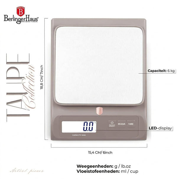 BerlingerHaus Digital Kitchen Scale Taupe - Maximum 6 kg