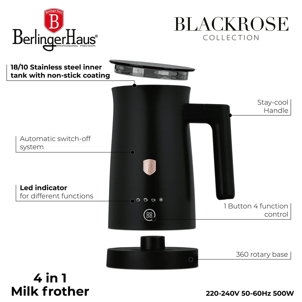 BerlingerHaus Espumador de Leche Eléctrico 4-en-1 Negro Rosado - 160 ml