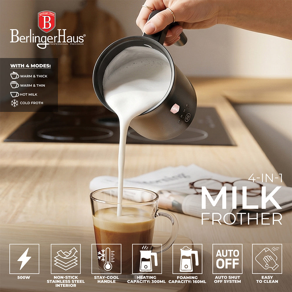 BerlingerHaus Espumador de Leche Eléctrico 4-en-1 Negro Rosado - 160 ml