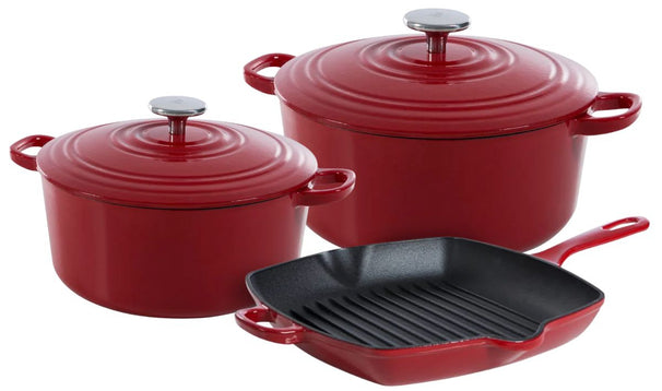 BK Cookware Set Bourgogne Chili Red Cast Iron 3-piece - Casserole ø 24, 28 cm & Grill Pan 26x26 cm - Suitable for All Heat Sources