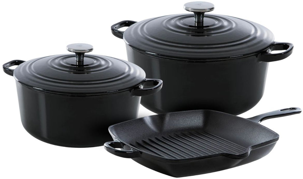 BK Cookware Set Bourgogne Jet Black Cast Iron 3-piece - Casserole ø 24, 28 cm & Grill Pan 26x26 cm - Suitable for All Heat Sources