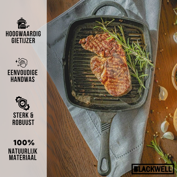 Blackwell Set de sartenes de hierro fundido 2 piezas Sartén ø 25 cm & Sartén parrilla 23 x 23 cm - apto para todas las fuentes de calor - sin recubrimiento antiadherente