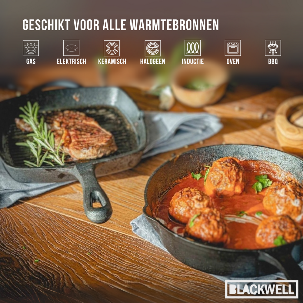 Blackwell Pan set cast iron – frying pan Ø 25 cm and grill pan 23 x 23 cm – suitable for all heat sources –  without non-stick coating 