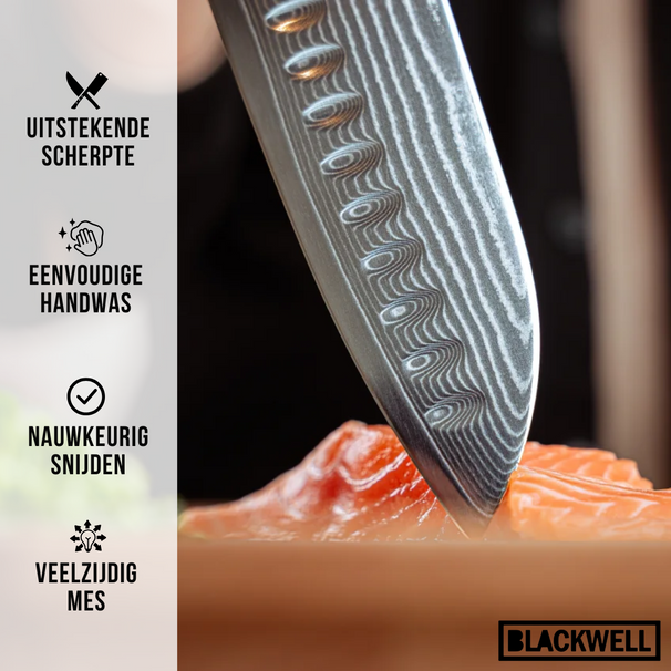 Cuchillo Santoku Blackwell estilo japonés - 67 capas de acero damasco - VG10 - 19 cm