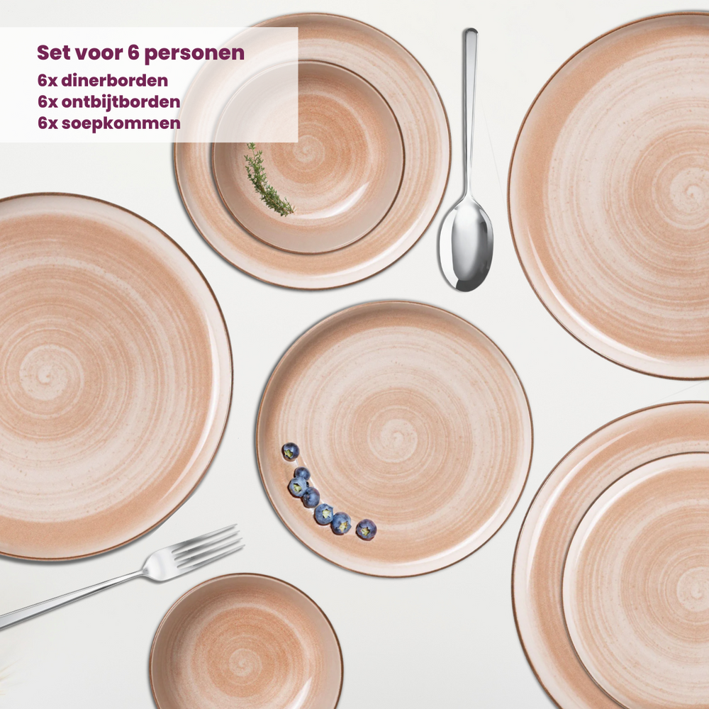 Cosy & Trendy Juego de vajilla Baltic Peach 18 piezas / 6 personas - 6 platos llanos, 6 platos para desayuno y 6 cuencos