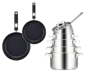 Sola Set de ollas Ruby 7 piezas Premium Triply acero inoxidable - Olla de cocina ø 16, 18, 20 y 24 cm y cazo ø 16 cm & Sartenes BEKA Pro Induc ø 24 y 28 cm