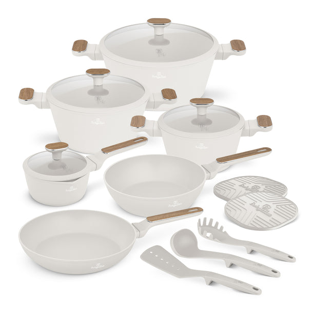 BerlingerHaus Set de Sartenes Nordic Mat Crème 11 Piezas - Olla ø 20, 24, 28 cm, Sartén ø 24, 28 cm & Cacerola ø 16 cm - apta para todas las fuentes de calor