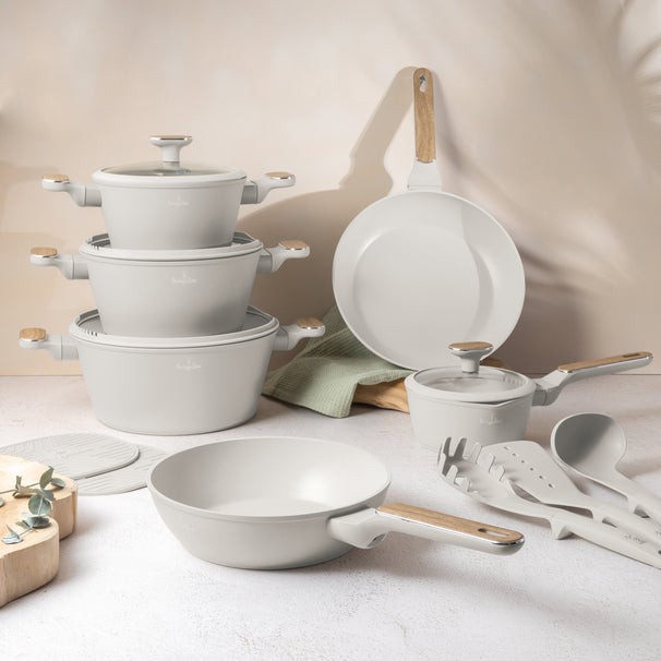 BerlingerHaus Set de Sartenes Nordic Mat Crème 11 Piezas - Olla ø 20, 24, 28 cm, Sartén ø 24, 28 cm & Cacerola ø 16 cm - apta para todas las fuentes de calor