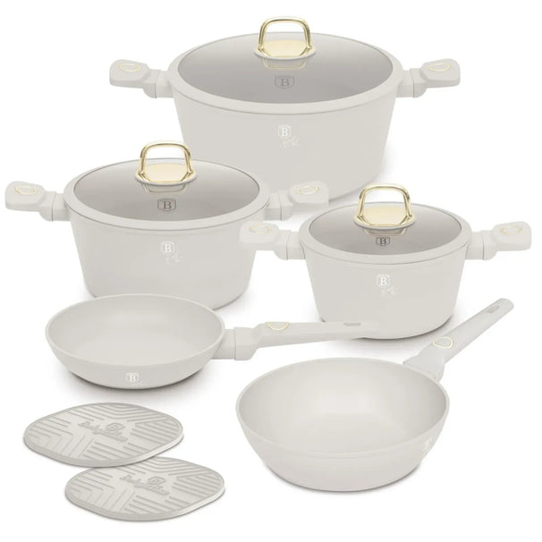 BerlingerHaus Set de Sartenes Mate Crema 7 Piezas - Olla ø 20, 24, 28 cm & Sartén ø 20, 24 cm - apto para todas las fuentes de calor