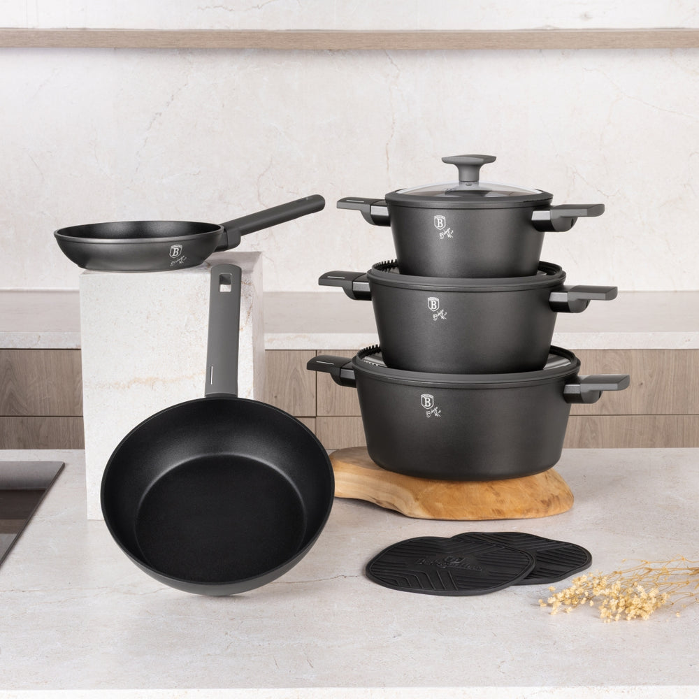BerlingerHaus Cookware Set Matt Anthracite 7-Piece - Cooking Pot Ø 20, 24, 28 cm, Frying Pan Ø 20 & 24 cm - Suitable for All Heat Sources