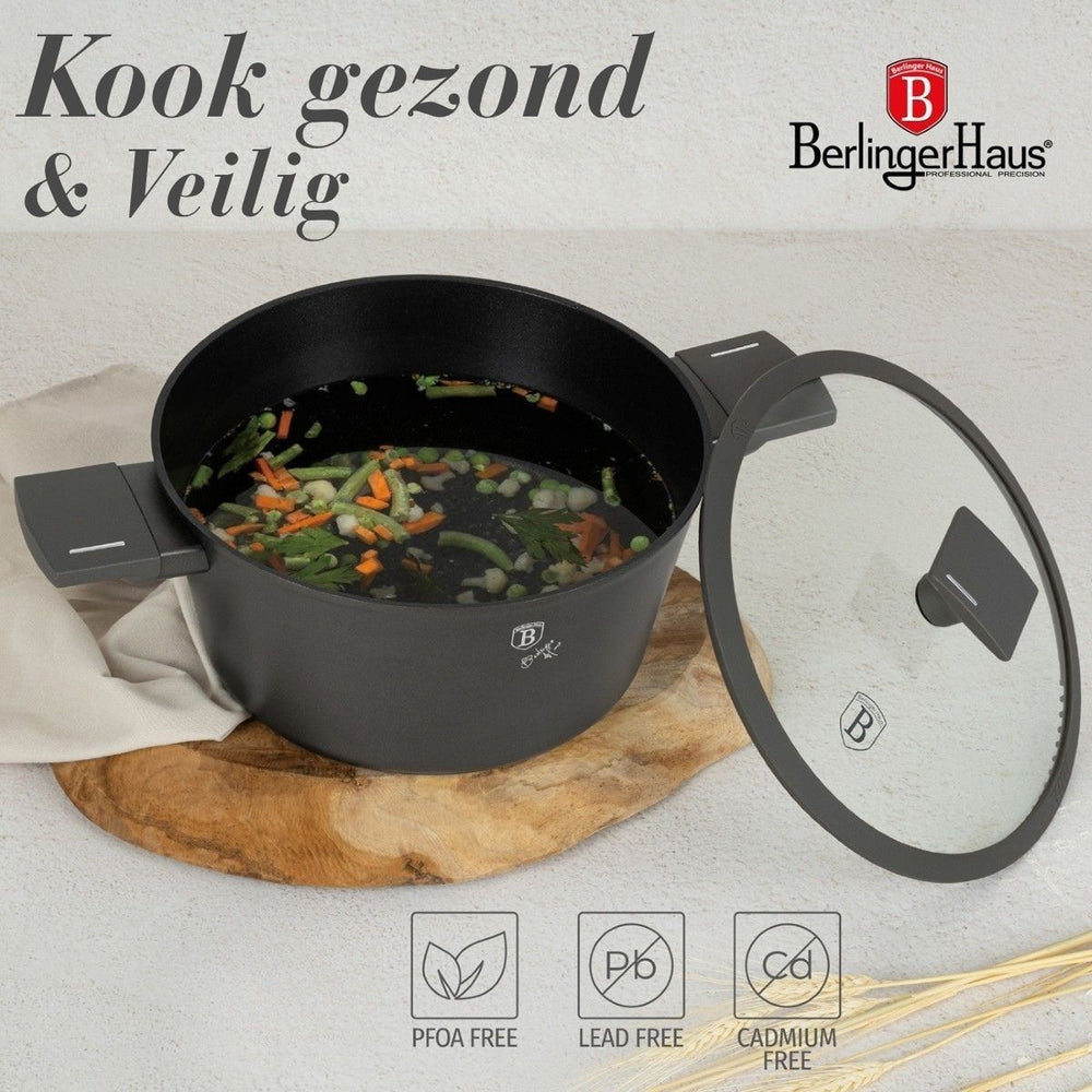 BerlingerHaus Cookware Set Matt Anthracite 7-Piece - Cooking Pot Ø 20, 24, 28 cm, Frying Pan Ø 20 & 24 cm - Suitable for All Heat Sources