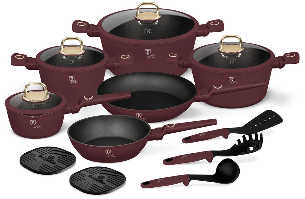 BerlingerHaus Cookware Set Matt Burgundy 11-Piece - Cooking Pot ø 20, 24, 28 cm, Frying Pan ø 24, 28 cm & Saucepan ø 16 cm - Suitable for All Heat Sources