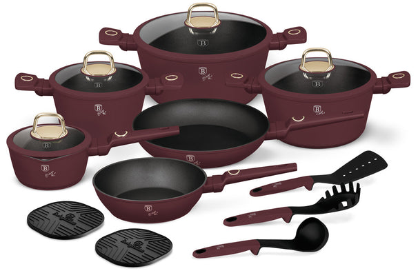 BerlingerHaus Pannenset Mat Bordeaux 11-Delig - Kookpan ø 20, 24, 28 cm, Koekenpan ø 24, 28 cm & Steelpan ø 16 cm - adecuado para todas las fuentes de calor