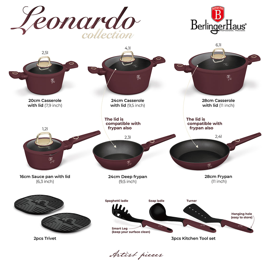 BerlingerHaus Cookware Set Matt Burgundy 11-Piece - Cooking Pot ø 20, 24, 28 cm, Frying Pan ø 24, 28 cm & Saucepan ø 16 cm - Suitable for All Heat Sources