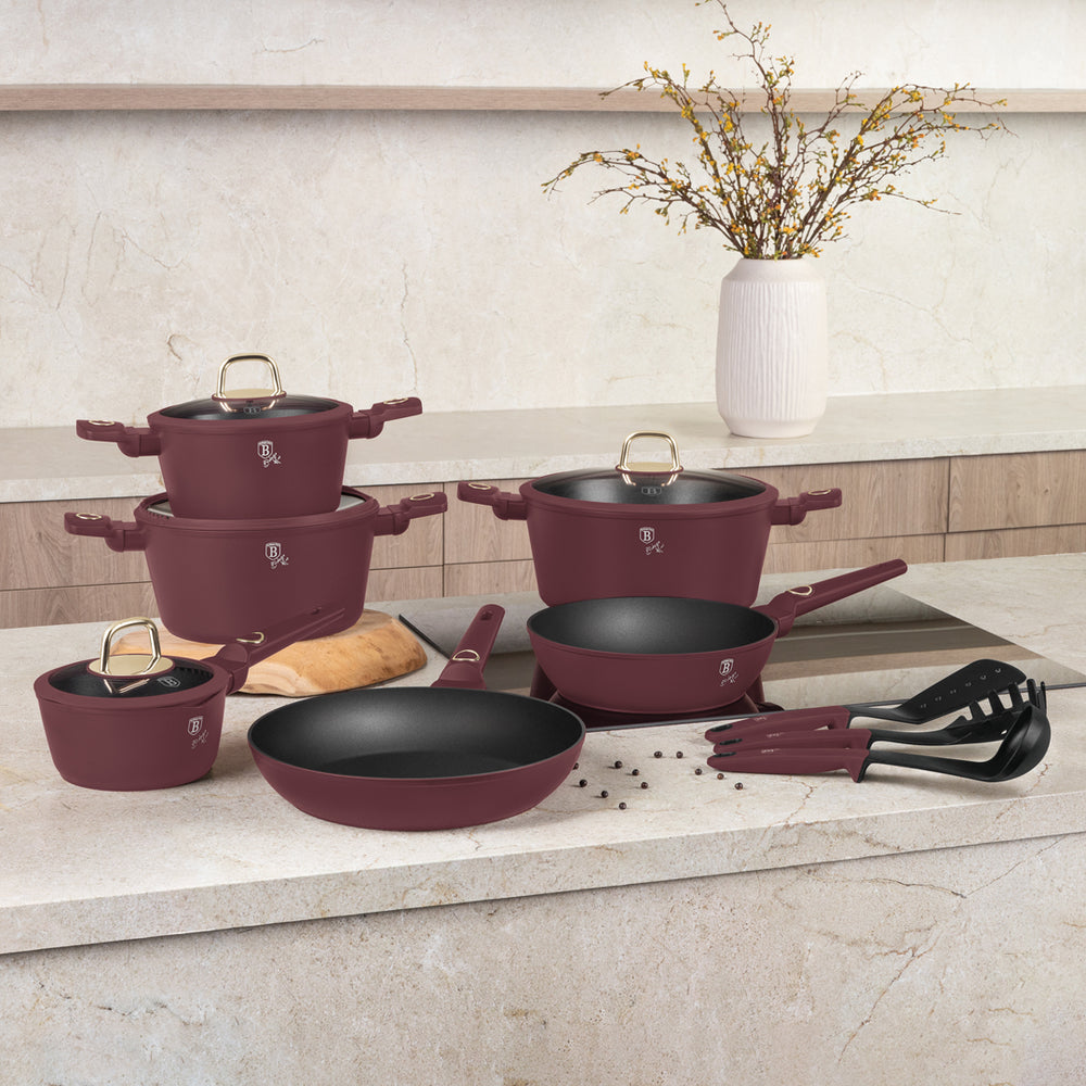 BerlingerHaus Cookware Set Matt Burgundy 11-Piece - Cooking Pot ø 20, 24, 28 cm, Frying Pan ø 24, 28 cm & Saucepan ø 16 cm - Suitable for All Heat Sources