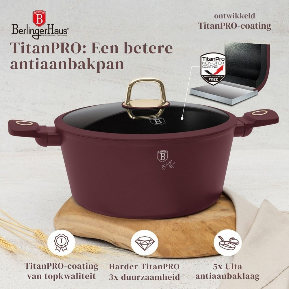 BerlingerHaus Cookware Set Matt Burgundy 11-Piece - Cooking Pot ø 20, 24, 28 cm, Frying Pan ø 24, 28 cm & Saucepan ø 16 cm - Suitable for All Heat Sources