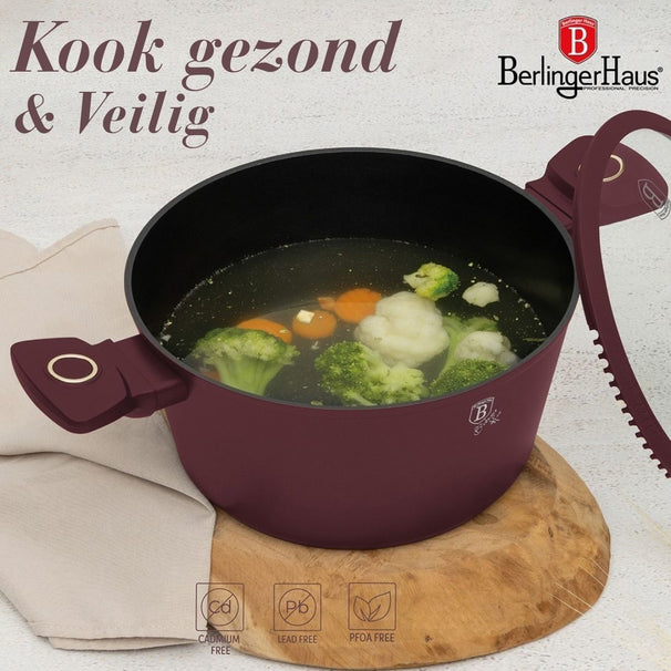 BerlingerHaus Pannenset Mat Bordeaux 11-Delig - Kookpan ø 20, 24, 28 cm, Koekenpan ø 24, 28 cm & Steelpan ø 16 cm - adecuado para todas las fuentes de calor