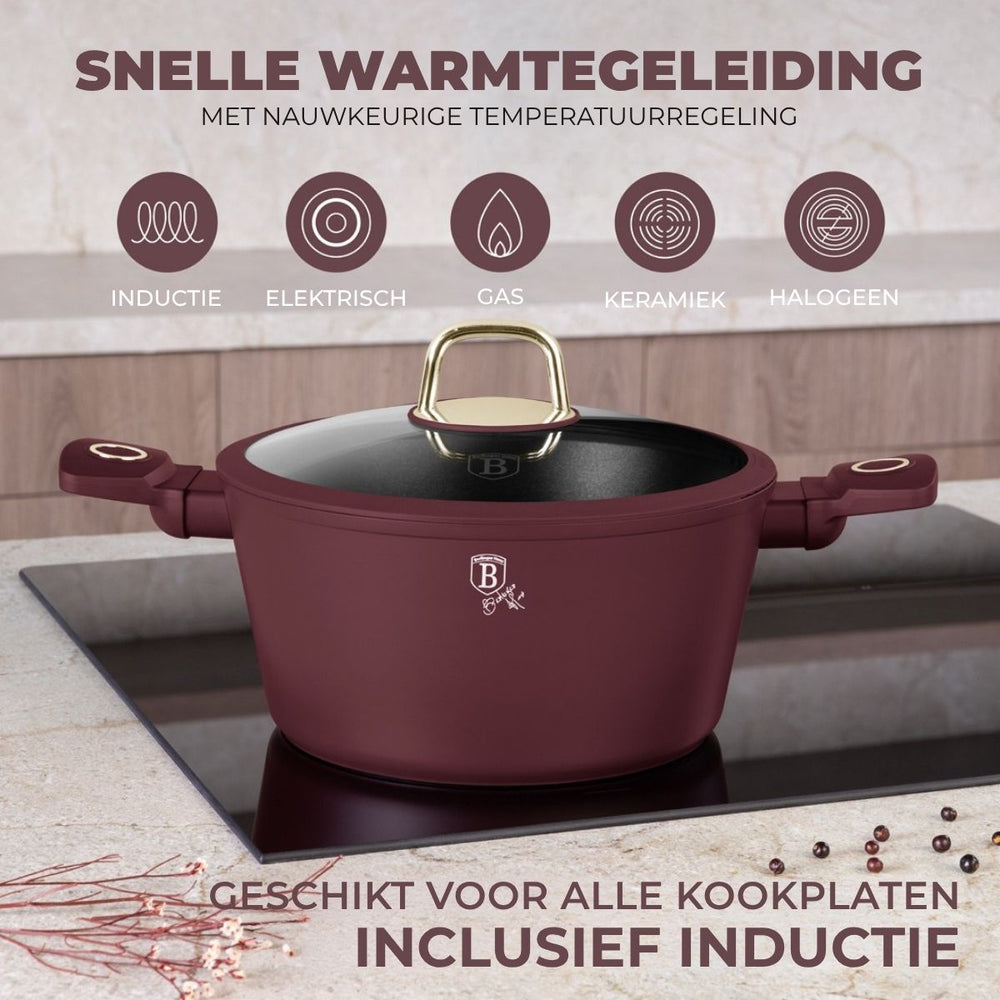 BerlingerHaus Cookware Set Matt Burgundy 11-Piece - Cooking Pot ø 20, 24, 28 cm, Frying Pan ø 24, 28 cm & Saucepan ø 16 cm - Suitable for All Heat Sources