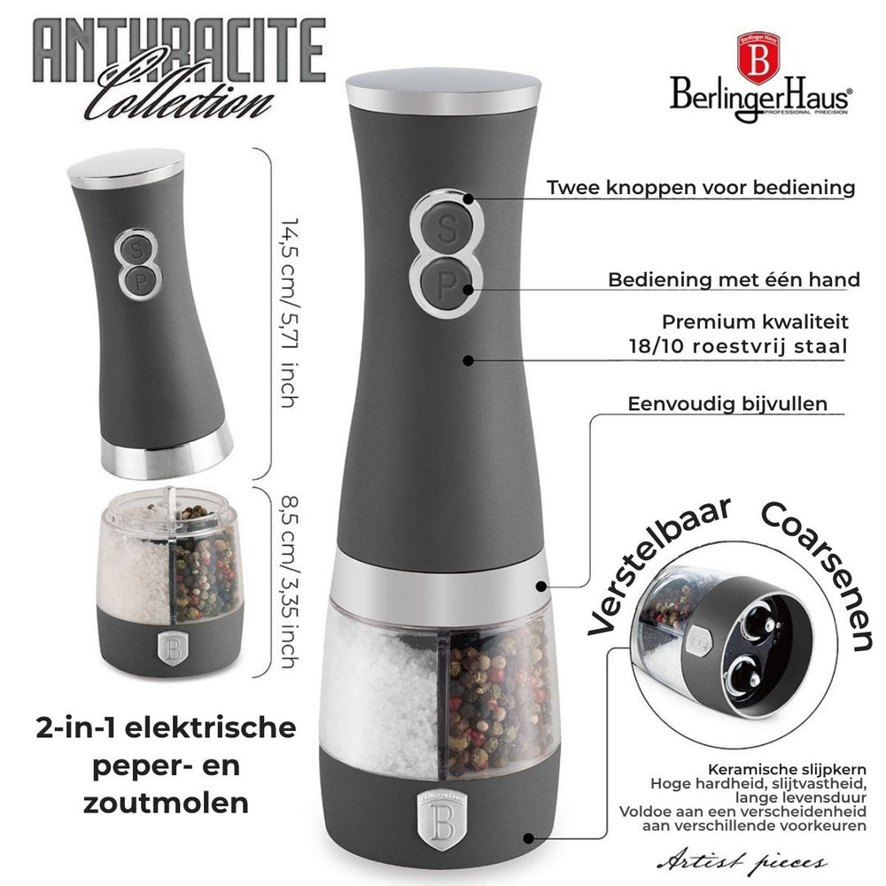 BerlingerHaus Electric Pepper and Salt Mill Matt Anthracite - 2-in-1 - Ceramic Mill